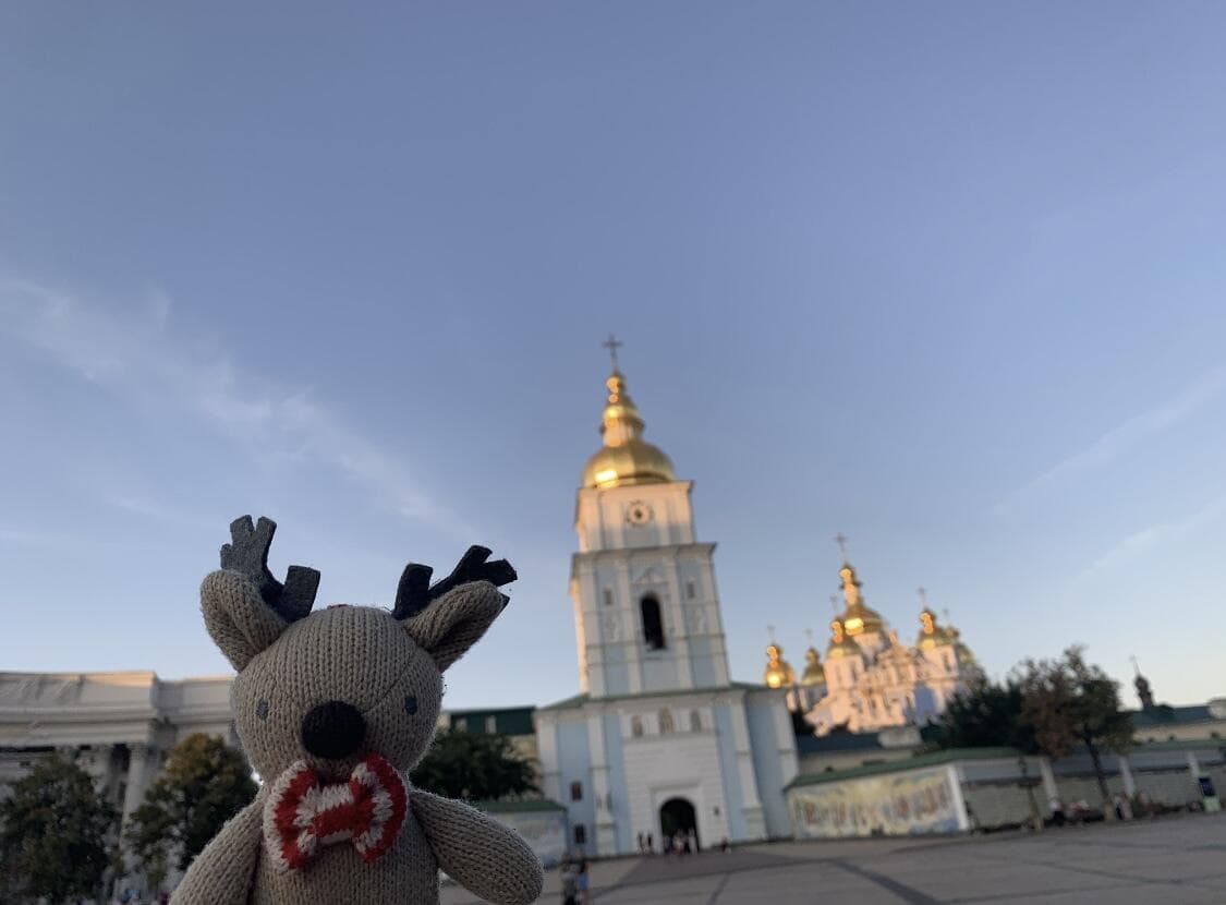 Rupert the reindeer in front of St. Michael’s Golden-Domed Monastery in Kyiv, Ukraine