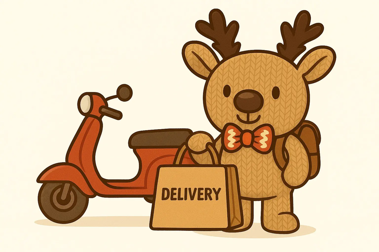 Rupert holding a delivery bag next to a scooter