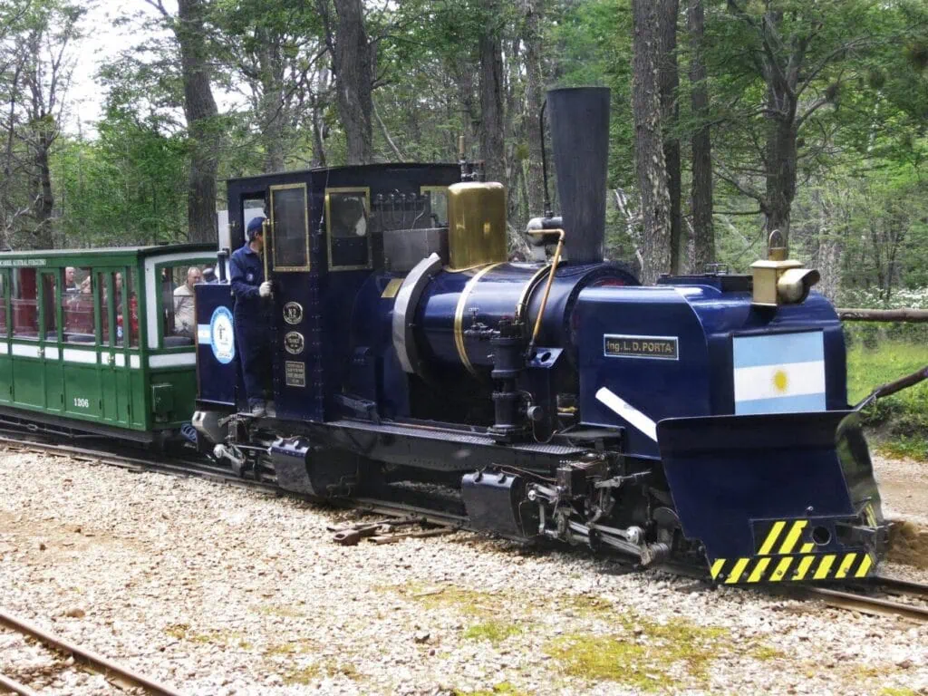 A dark blue steam locomotive with the Argentine flag pulling a green passenger car through a forest in Tierra del Fuego.