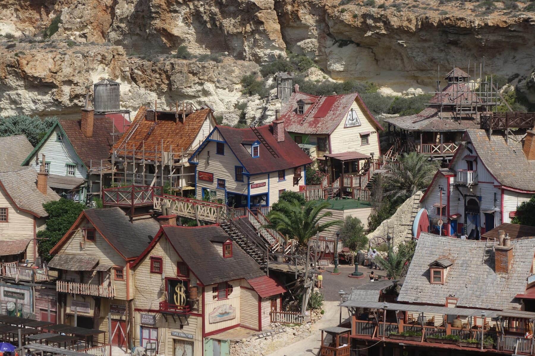 Colourful wooden houses of Popeye Village in Mellieħa, Malta