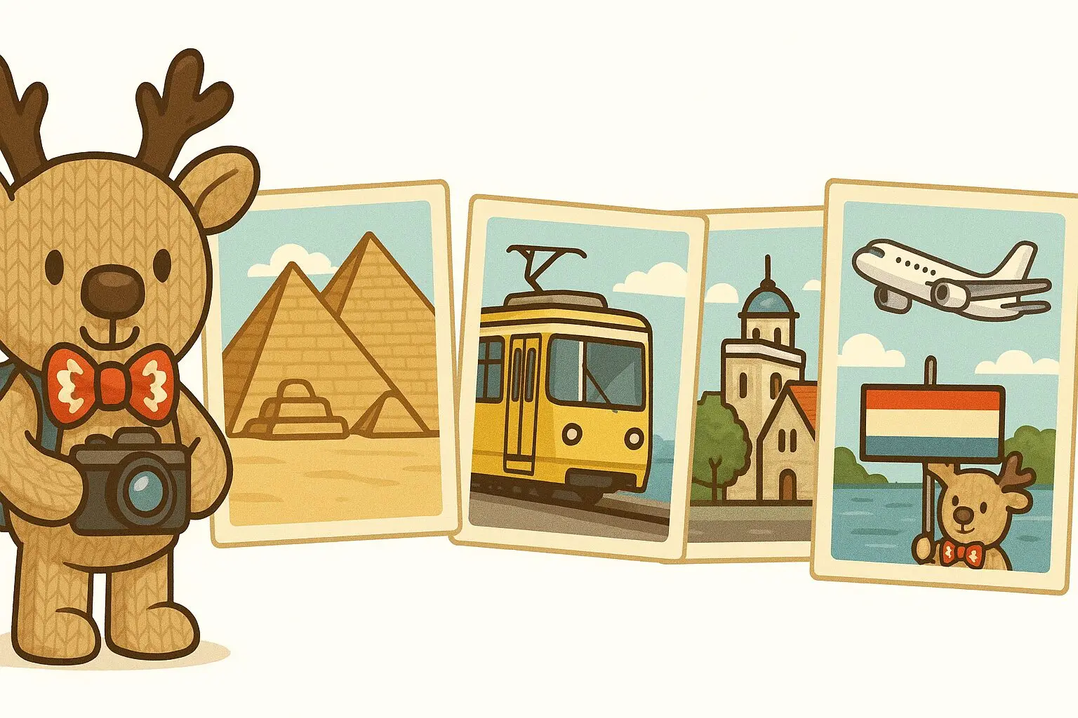 Illustration of Rupert the reindeer with travel photos including the Pyramids, a tram, a church, and a plane