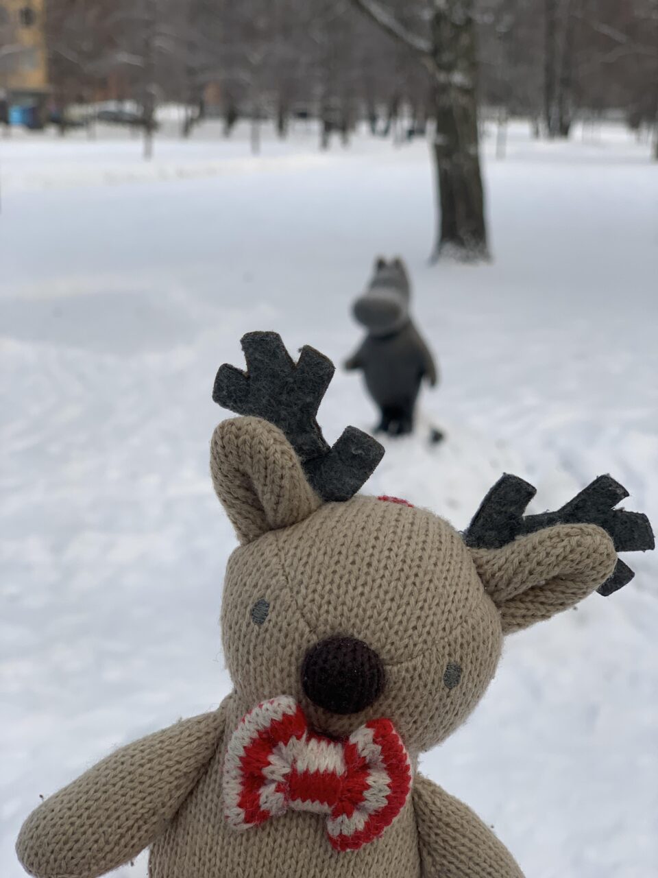 Rupert the reindeer in snowy Tampere on the way to the Moomin Museum