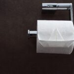Close-up of a toilet paper roll neatly folded on a wall-mounted chrome holder in a public restroom