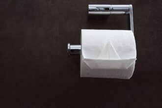 Close-up of a toilet paper roll neatly folded on a wall-mounted chrome holder in a public restroom