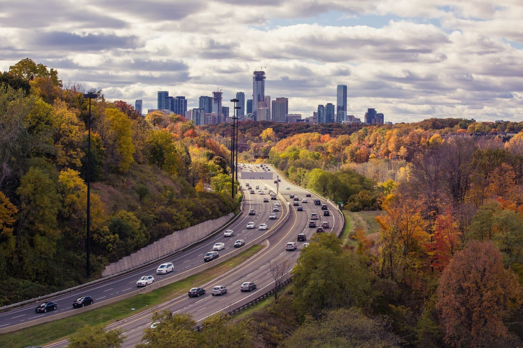Toronto skyline seen from highway with autumn trees in foreground