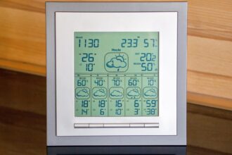 Digital weather station showing temperature, humidity, and a five-day weather forecast, representing modern weather apps.