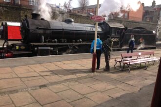 Steam locomotive 52005 at Bury Bolton Street station on the East Lancashire Railway.