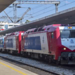 Hellenic Train locomotive at Athens railway station, Greece