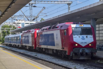 Hellenic Train locomotive at Athens railway station, Greece