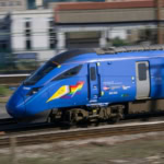 Lumo train travelling on the East Coast Main Line in the UK