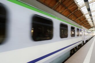 High-speed train at a European station platform