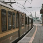 DART commuter train at a station in Dublin, Ireland.