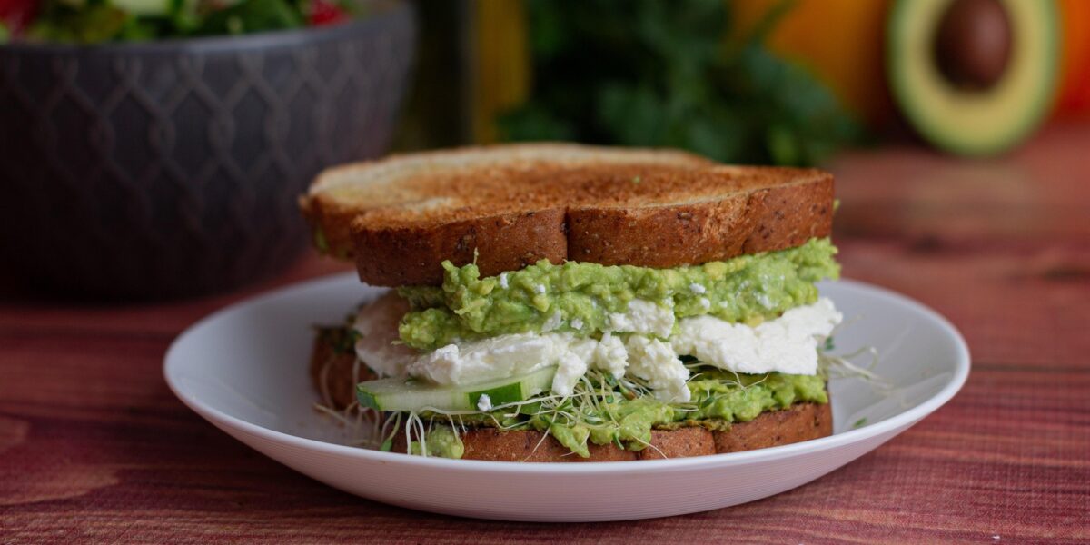Vegan avocado and feta sandwich on wholegrain bread