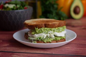 Vegan avocado and feta sandwich on wholegrain bread
