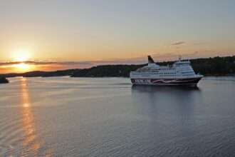 Viking Line ferry sailing at sunset in Northern Europe