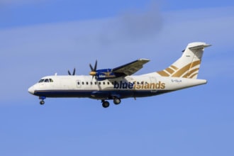 Blue Islands ATR aircraft in flight against blue sky ahead of new Southampton to Leeds Bradford service starting March 2026.