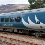 Caledonian Sleeper train at Fort William Station in the Scottish Highlands