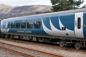 Caledonian Sleeper train at Fort William Station in the Scottish Highlands