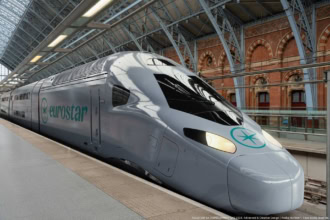 Eurostar Celestia double-decker train at London St Pancras International station