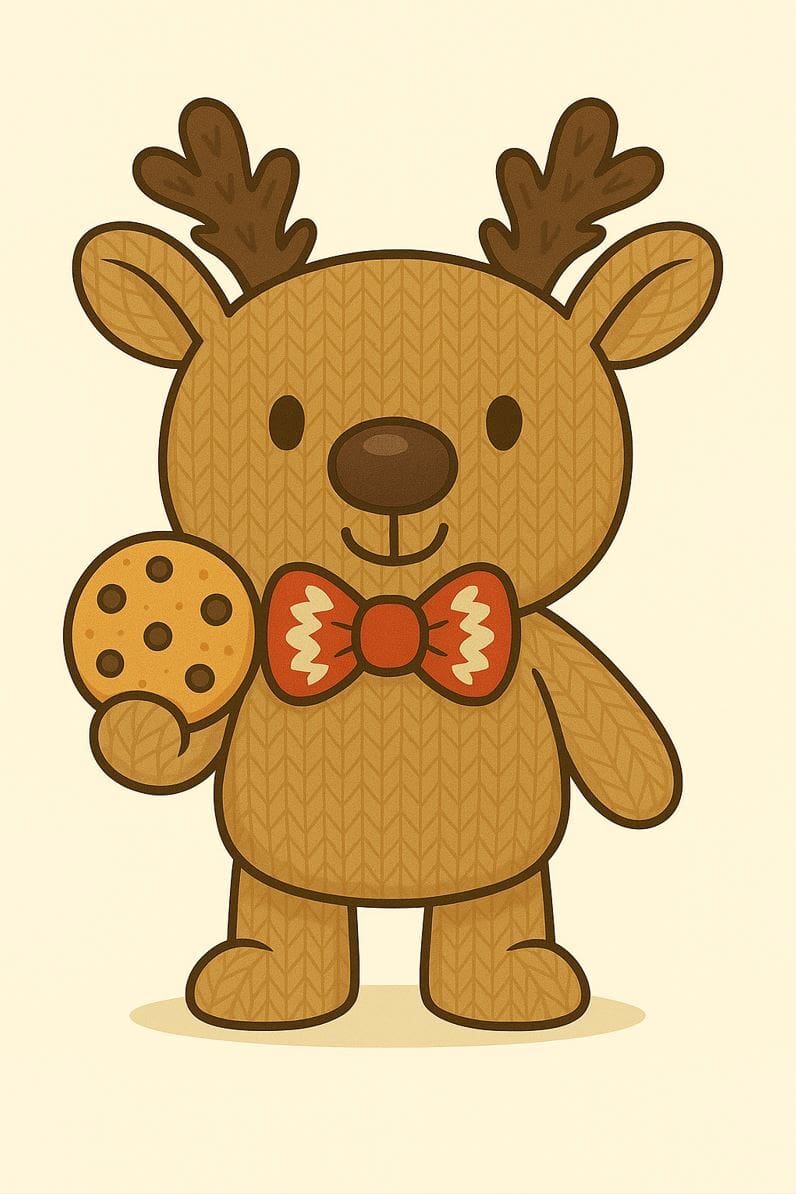 Rupert the reindeer holding a chocolate chip cookie, representing the website’s cookie policy.