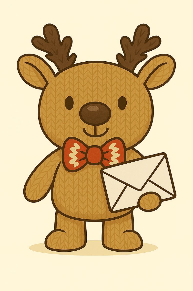 Rupert the reindeer holding an envelope, inviting readers to get in touch with AppSavvyTraveller.
