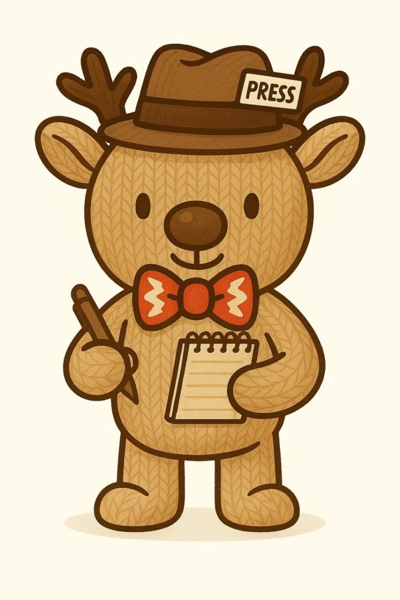 Rupert the Reindeer wearing a press hat and bow tie, holding a notepad and pencil – AppSavvyTraveller editorial mascot