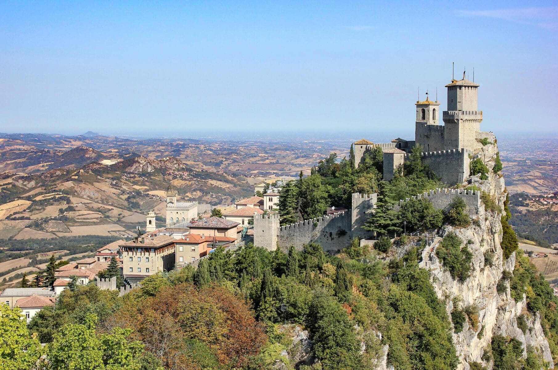 Aerial view of San Marino’s medieval towers on Mount Titano