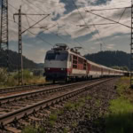 Intercity train crossing the Slovak countryside under electric wires