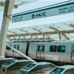 Modern M2 metro train at Haliç Station in Istanbul, Turkey