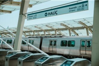 Modern M2 metro train at Haliç Station in Istanbul, Turkey