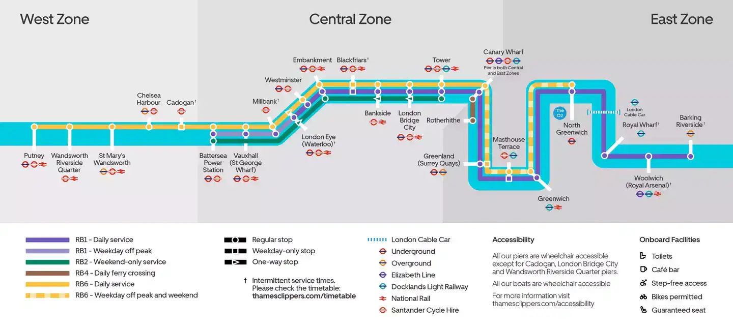 Uber Boat by Thames Clippers route map showing West, Central, and East Zones across the River Thames