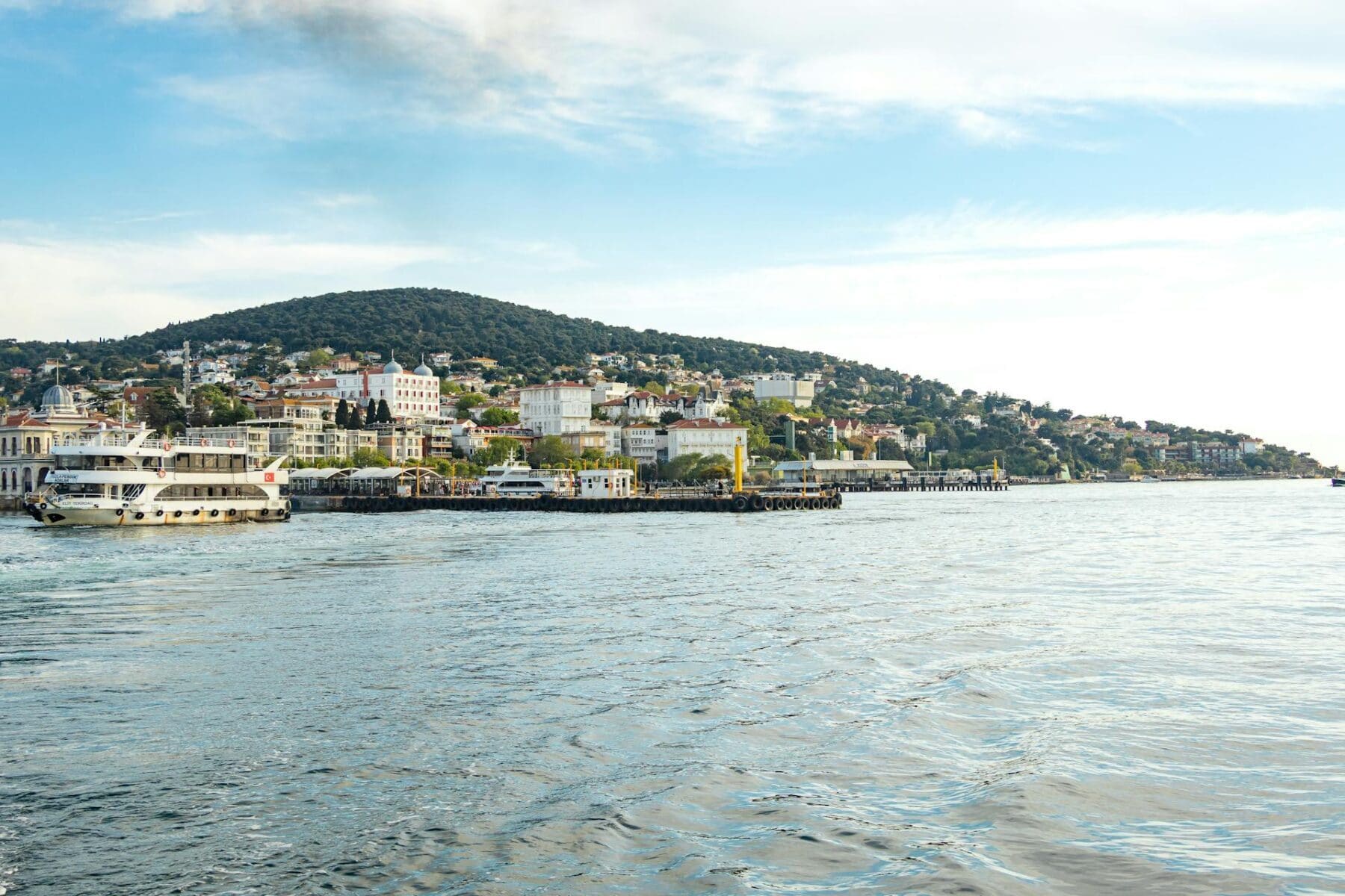 View of Büyükada ferry port with boats, waterfront buildings and a green hillside behind.