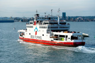 Red Funnel Red Falcon car ferry sailing from Southampton toward East Cowes