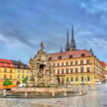 Zelný trh market square in Brno with the Parnassus Fountain and cathedral spires
