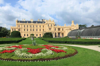 Lednice Castle with formal gardens in South Moravia, Czech Republic