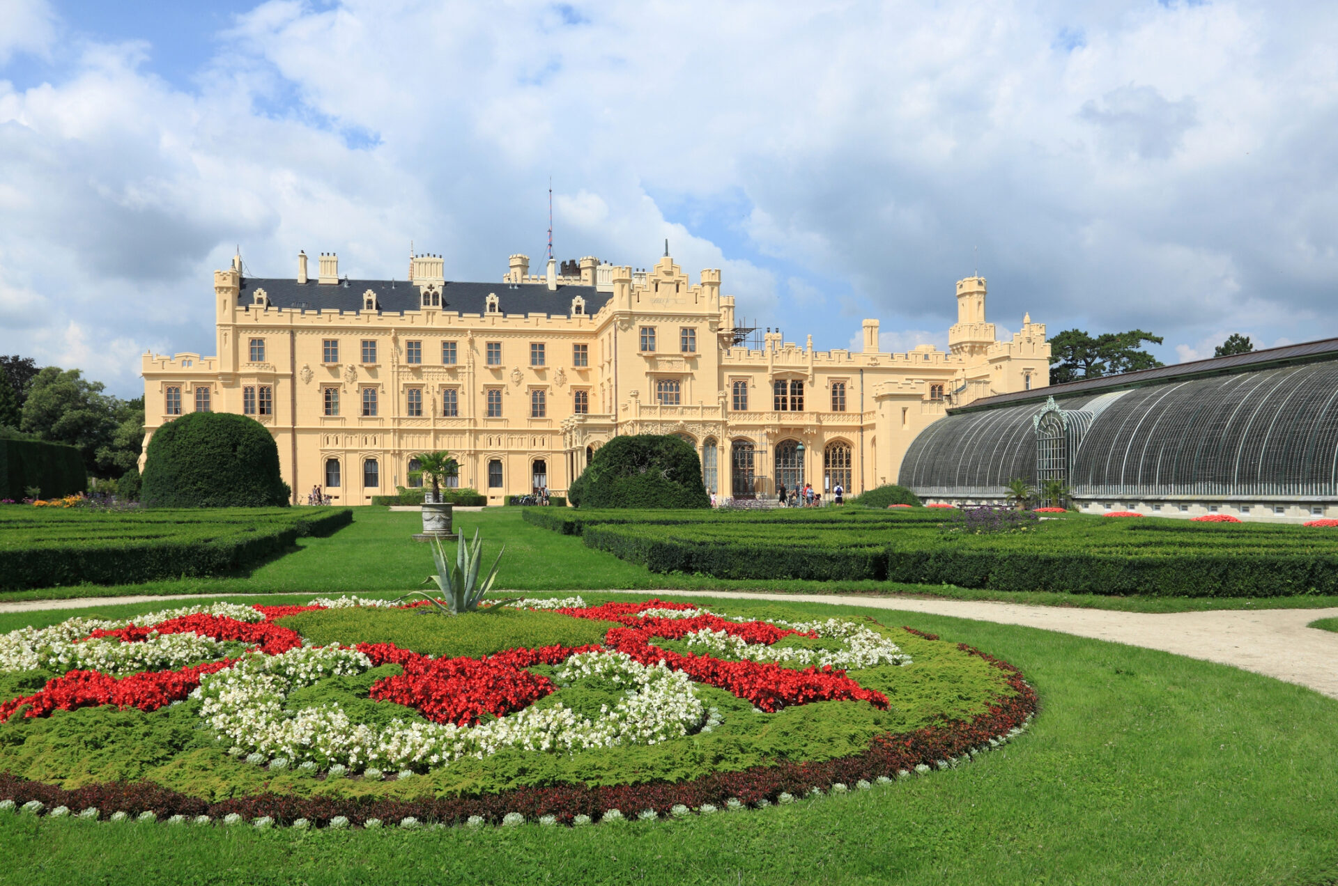 Lednice Castle with formal gardens in South Moravia, Czech Republic