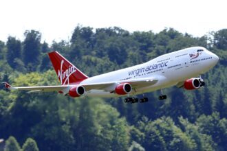 Virgin Atlantic Boeing 747 taking off during daylight flight