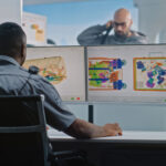 Airport security officer analysing carry-on luggage using X-ray baggage scanner at airport security checkpoint