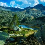 Pyrenees mountains landscape between Toulouse and Andorra with lake and rocky peaks