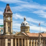 Birmingham city centre skyline with Council House clock tower UK