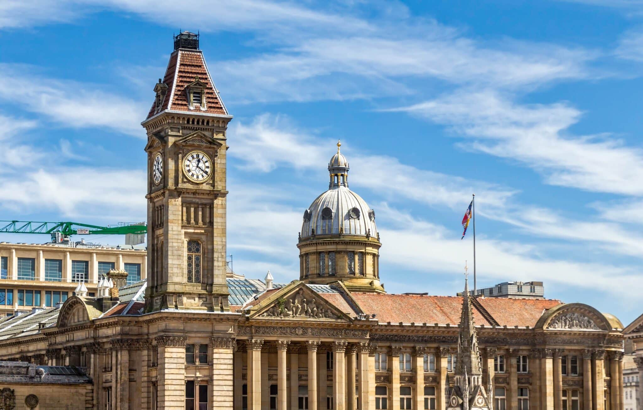 Birmingham city centre skyline with Council House clock tower UK