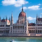 Front view of the Hungarian Parliament Building in Budapest on the banks of the Danube River