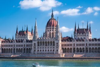 Front view of the Hungarian Parliament Building in Budapest on the banks of the Danube River