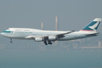 Cathay Pacific Boeing 747 landing over water