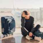 Passenger sitting on airport floor after being denied boarding for a flight