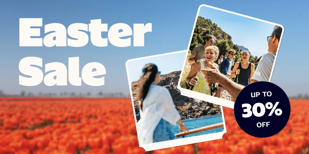 GetYourGuide Easter sale banner showing spring travel experiences with up to 30% off tours and activities