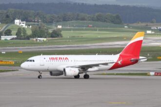 Iberia aircraft taxiing at Madrid Airport