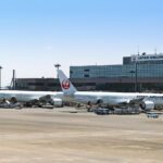 Japan Airlines aircraft parked at Tokyo airport terminal with JAL branding