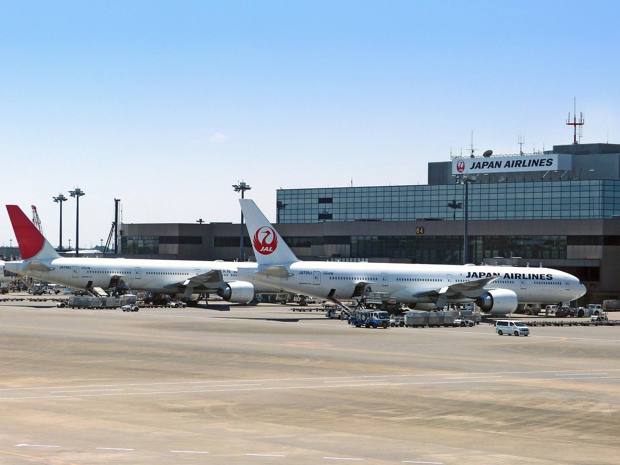 Japan Airlines aircraft parked at Tokyo airport terminal with JAL branding