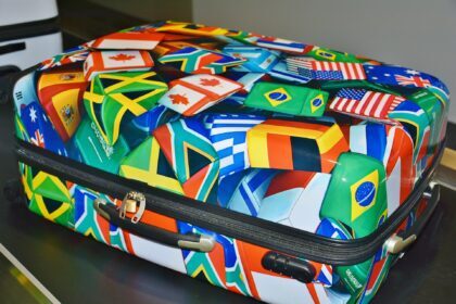 Suitcase covered in international flags representing global travel and lost luggage issues